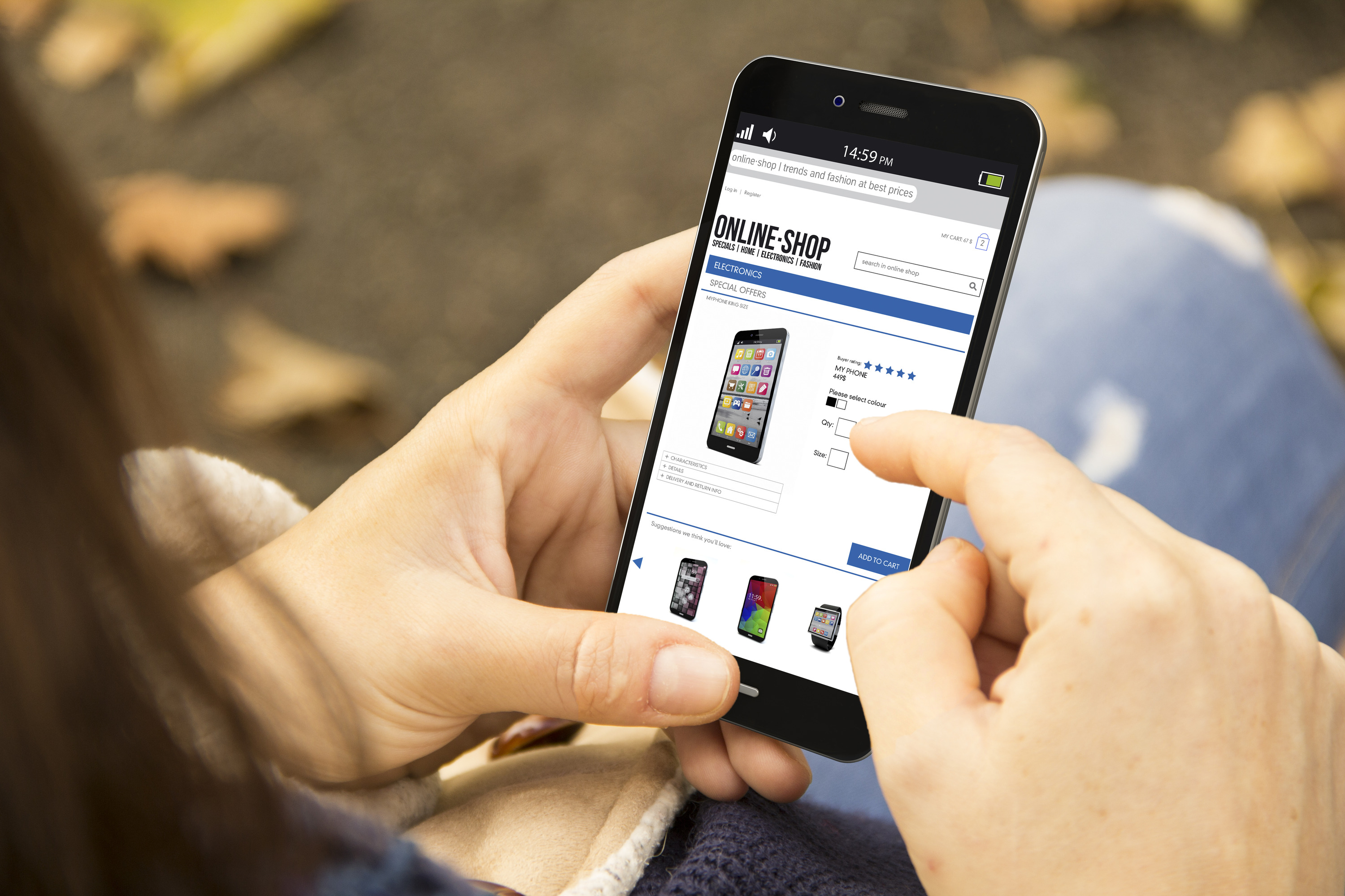mobility and modern lifestyle concept: young woman shopping online in the park